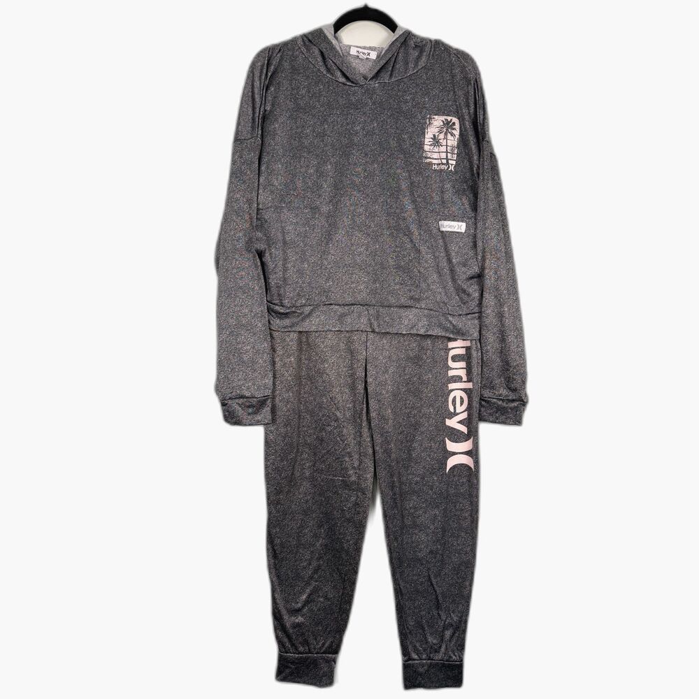 Hurley Womens XL 2Pc Set Cropped Hoodie Joggers Gray Lounge Athletic